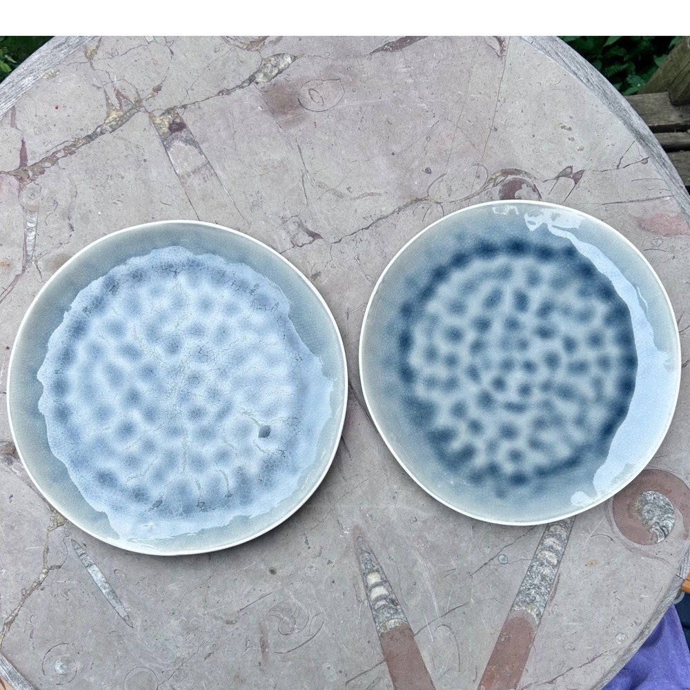 Studio Pottery Plates Pair 11 Inch Gray Blue Bubble Glaze Ceramic Hand Thrown